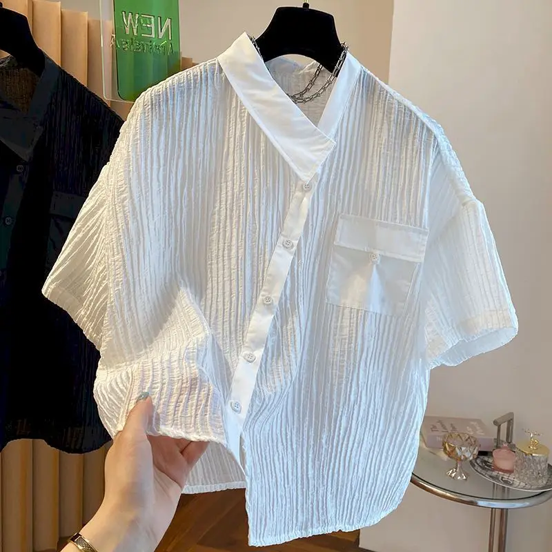 Fashion Design Shirts Women Niche Irregular Placket Pleated Texture Sense Shirt Casual Loose Short Sleeve Blouse Summer Trend