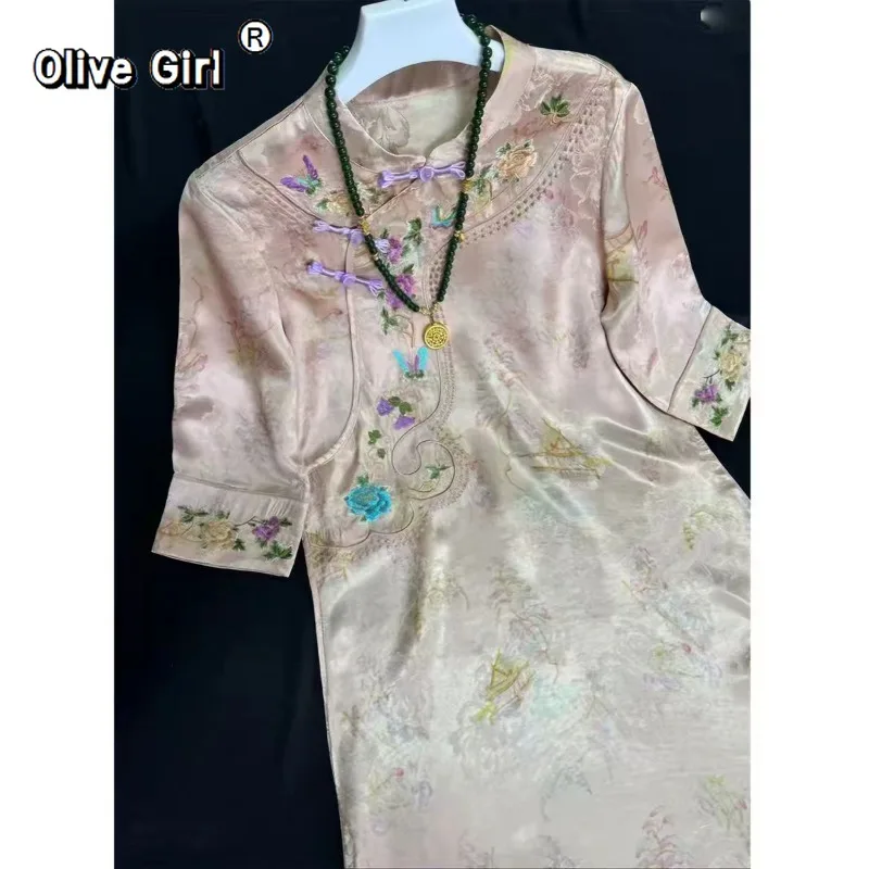 

Olivegirl High End Embroidered Dress Luxury Qipao Cheongsams 2026 Spring Embroidery Flower Gray Dress Women's Clothing