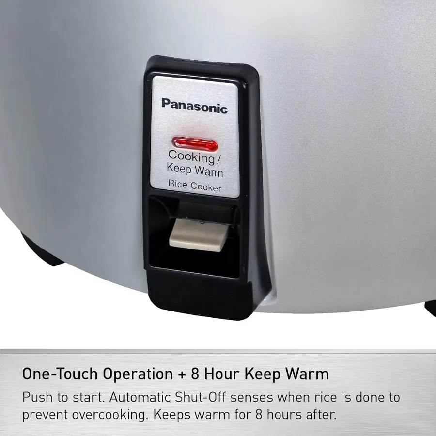 46カップの炊飯容量と23カップの生米容量を備えた業務用炊飯器。ワンタッチ操作と8時間保温機能付き。