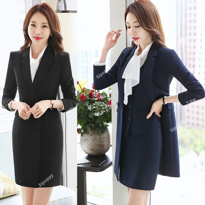 

2024 New Women Elegant Skirt Suits Outwear Slim Business Office High Quality Long Blazers Vest Gilet Pant Suits Windbreaker