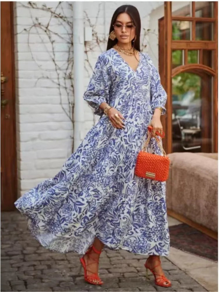 فستان نسائي أنيق مطبوع باللون الأزرق رداء نسائي أنيق للربيع بياقة على شكل حرف v وأكمام طويلة فساتين طويلة غير رسمية للخريف للسيدات #4