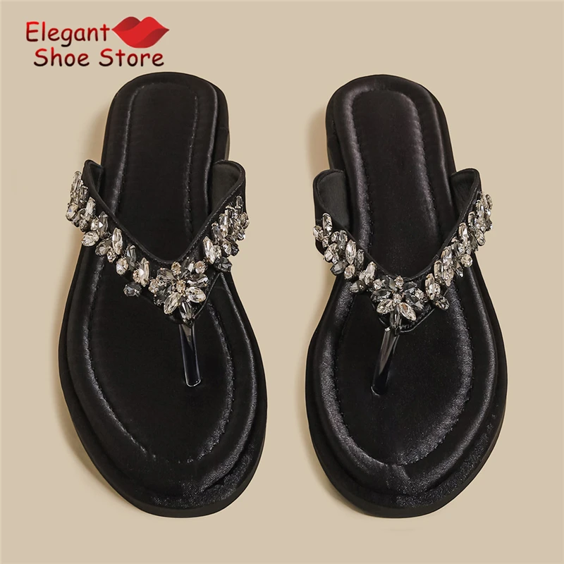Elegant Silver Black Satin Crystal Slippers Fashion Rhinestone Round Toe Flip Flops Summer New Party Vacation Beach Flat Shoes