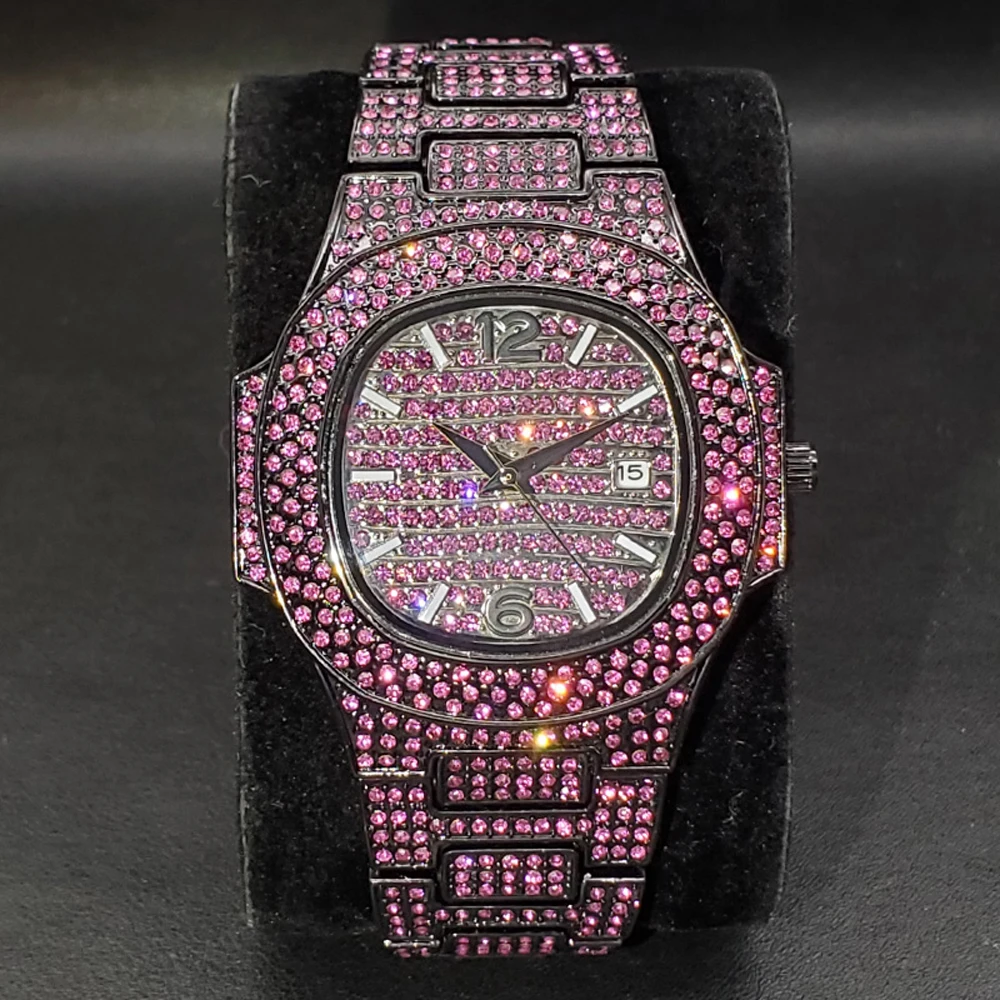 New Pink Diamond Hip Hop Watch For Men Fashion Ice Out Party Jewelry Wristwatch Luxury Shiny Gem Accessories Watches Trendy Gift