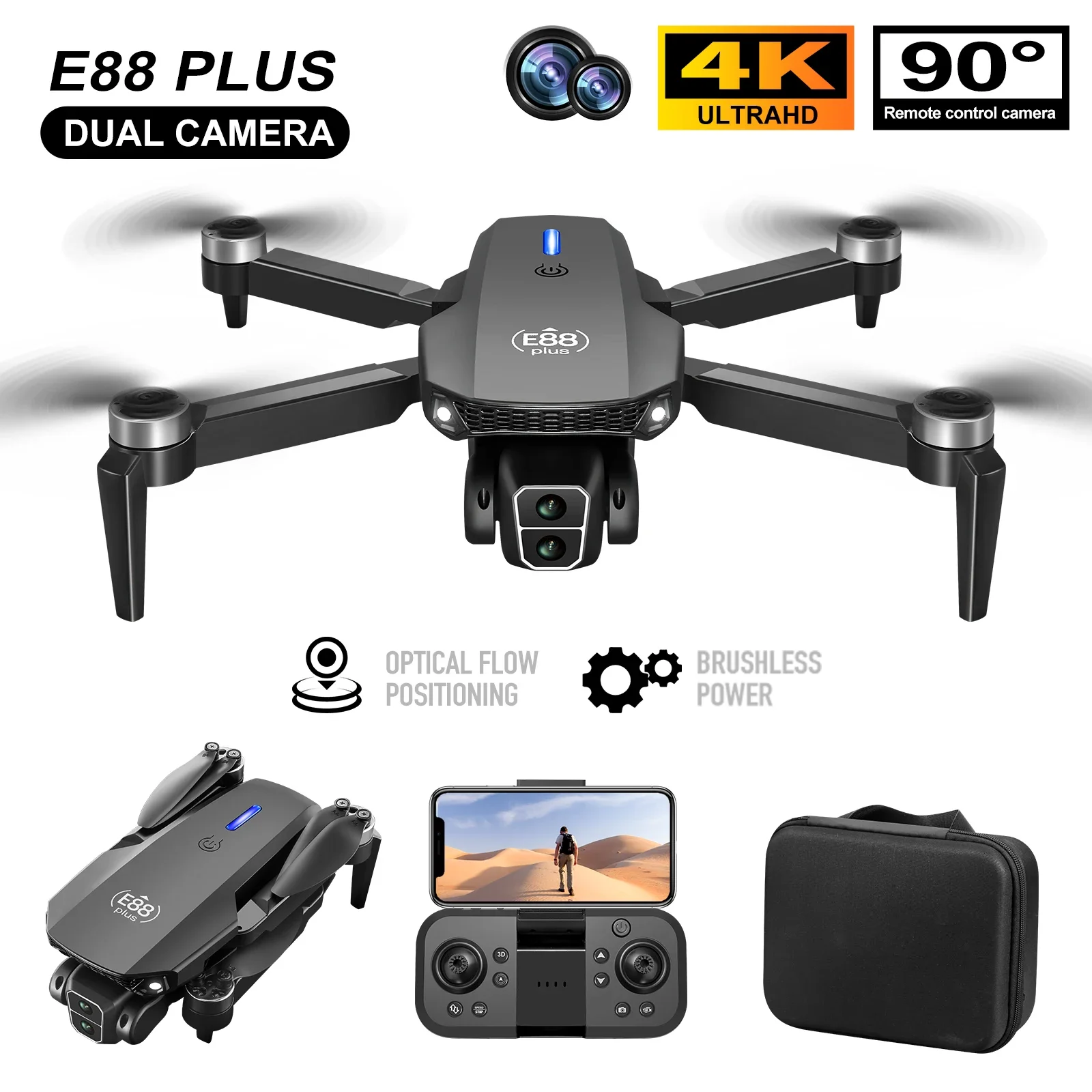 Brushless E88 Plus Quadcopter: Optical Flow, 90° Adjustable Cam, RC Aerial Toy with WiFi FPV for Beginner Pilots