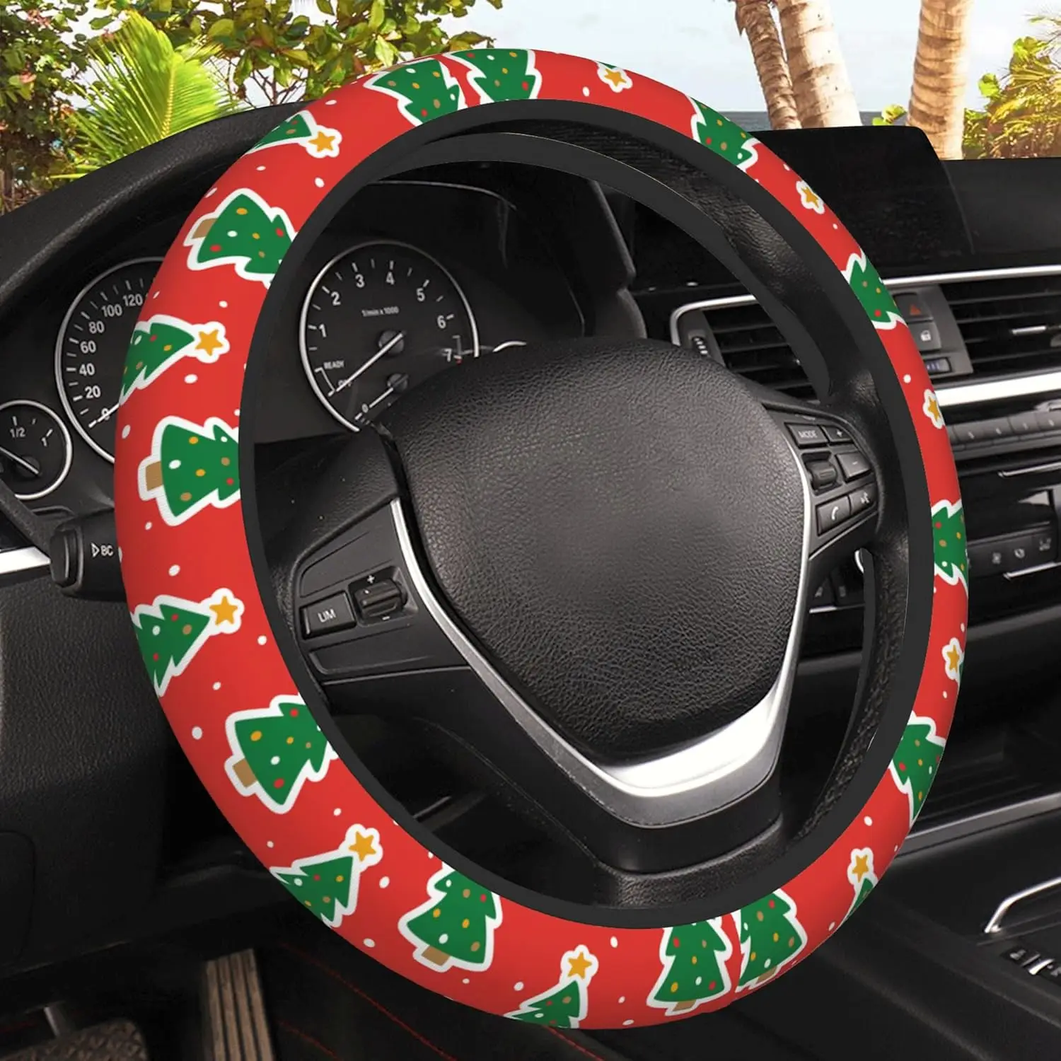

Cartoon Christmas Tree Steering Wheel Cover, Elastic Non-Slip Steering Wheel Protector,Auto Interior Decor for Women Girls
