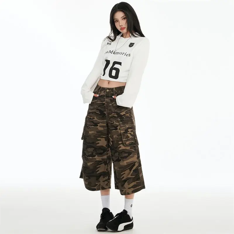 Y2k Retro Camouflage Denim Shorts Women Low Waisted Wash Cropped Baggy Jeans Wide Leg Frayed Cargo Shorts Pants