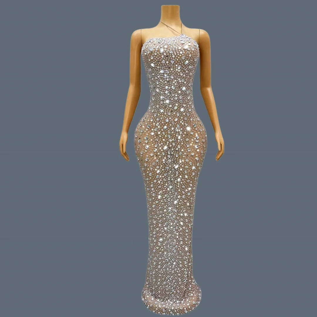 

Luxury Sheer Mesh Rhinestone Mermaid Dress Sexy Women Elegant Strapless Gown Sparkly Stage Show Outfit Party Club Wear Xingyao
