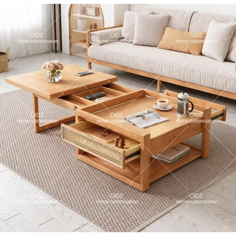 Solid Wood Lifting Coffee Table Dining Table Integrated Living Room Household Small Apartment Japanese Simple Modern Light