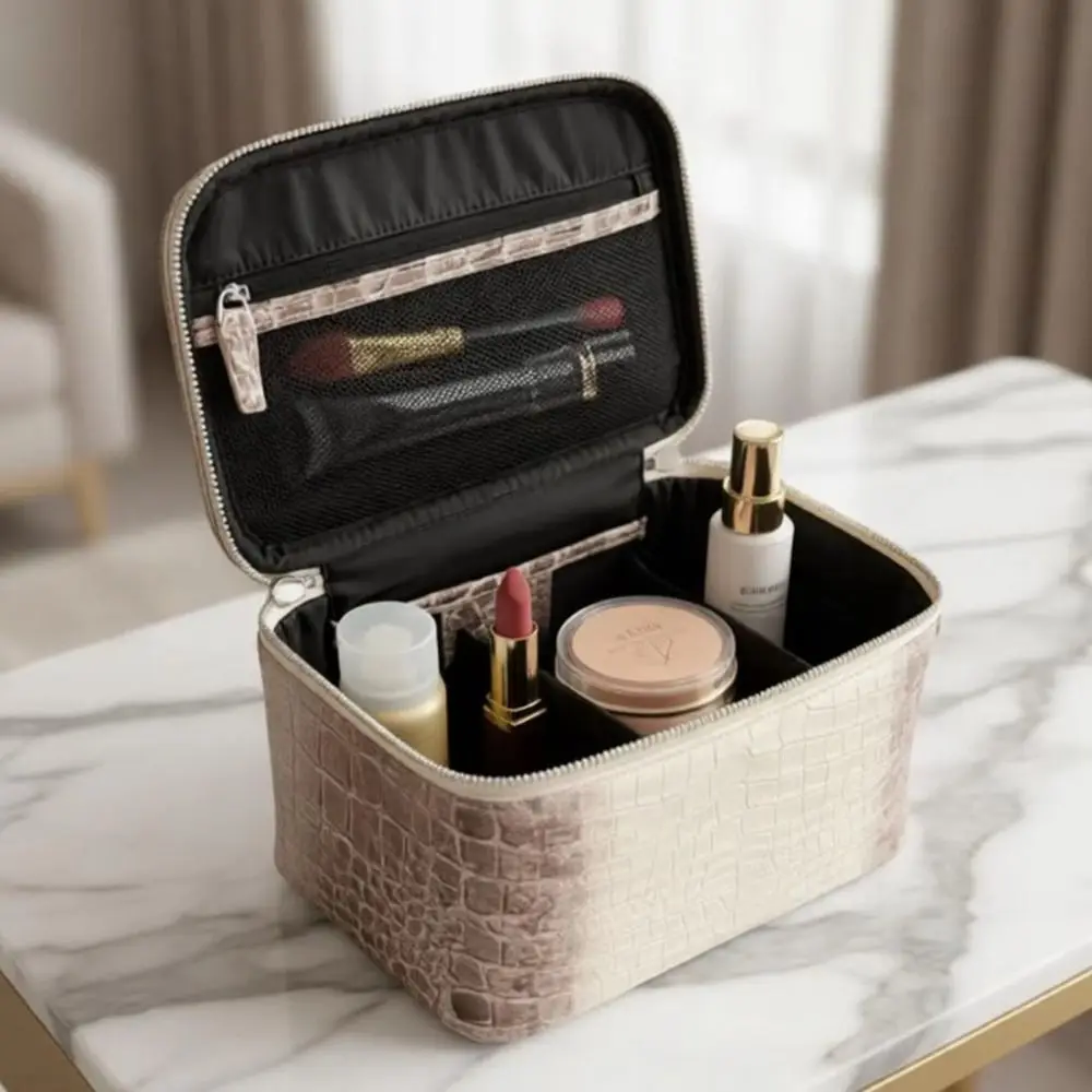 Cosmetic Storage Case Makeup Bag PU Leather Multiple Compartments Cosmetic Organizer Bag Crocodile Embossed Double Zipper