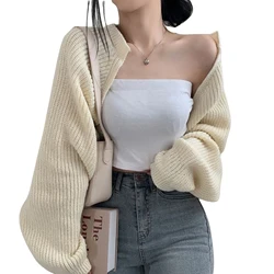 Women's Open Front Cropped Cardigan Long Sleeve Solid Color Shrug Sweater Knit Tops