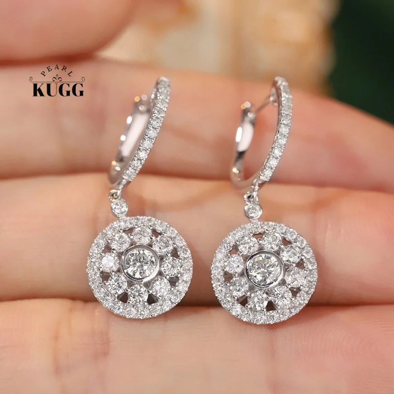 KUGG 100% 18K White Gold Earrings Luxury Round Design 1.8carat Real Natural Diamond Hoop Earrings for Women High Party Jewelry