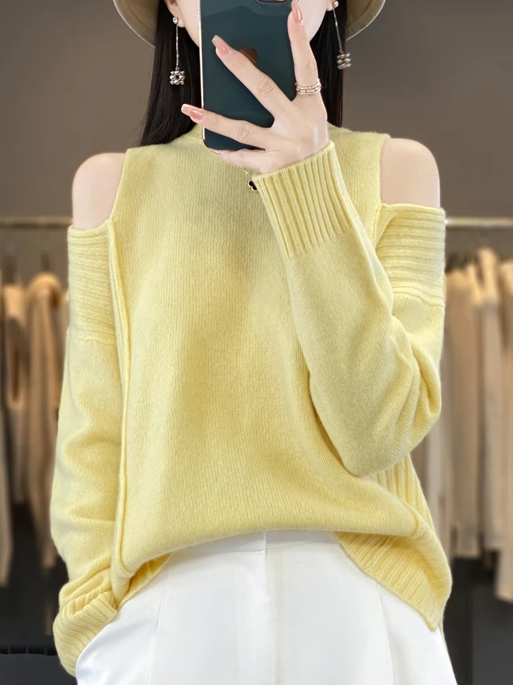 New Women's Cashmere Sweater Cut Out Chic Style Pullover O-neck Long Sleeve Clothing Autumn Winter 100% Merino Wool Knitwear