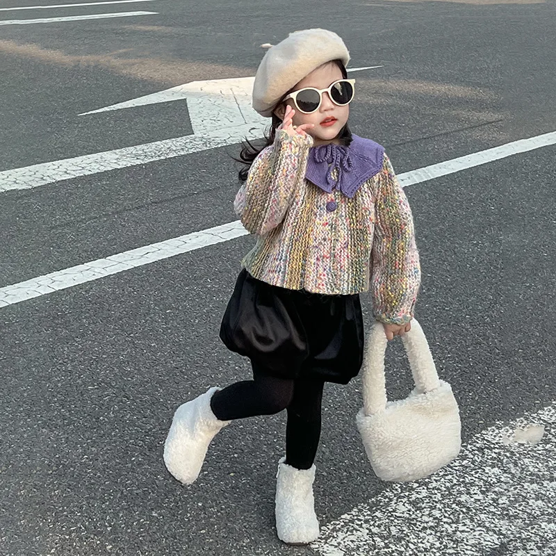 Two-piece Korean Girl 2024 Autumn New Product Sweater Cardigan Coat Dopamine Colored Lapel Sweater Bloomers Child Interest