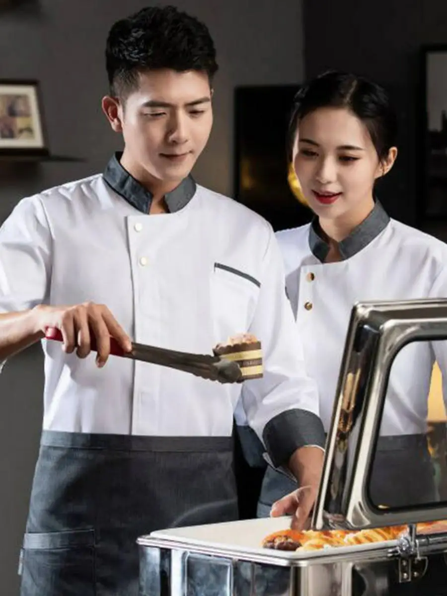 

Новая мужская униформа для поваров с коротким рукавом, рабочая одежда для отелей, ресторанов, кухонь, пекарен, с принтом и вышивкой, влагоотводящая, для весеннего сезона.