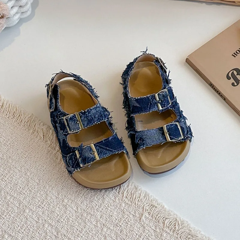 2026 Cow Pattern Denim Girls Boys Sandals PU Buckle Soft Kids Cork Sandals Hook Loop Anti Slip Children Beach Shoes