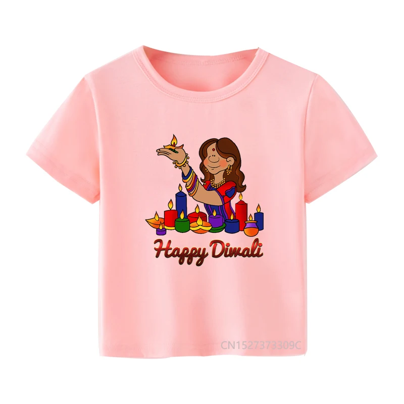 Happy Diwali Print koszulka dziecięca chłopcy Deepavali biała koszula dziewczyny różowe stroje ubrania wakacje dzieci t-shirty z krótkim rękawem Top