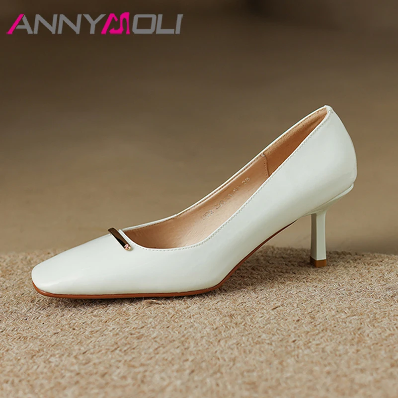 

ANNYMOLI Genuine Leather Women Shoes 2022 Spring Metal Decoration Chunky Heels Pumps Square Toe High Heel Lady Footwear Apricot