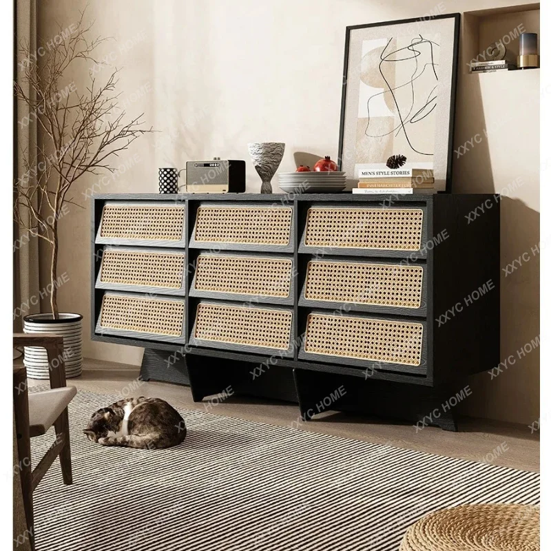 XXSolid Wood Rattan Nine-Drawer Cabinet Vintage Sideboard Drawer Storage Cabinet Japanese Style Entrance Cabinet