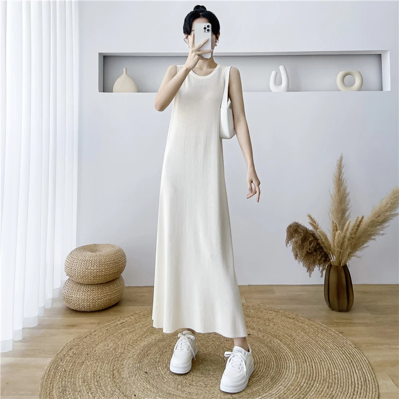 

New Women Basic Knitted Dress Fashion O-Neck Sleeveless Loose Elastic Tank Dress Simplicity Casual Long Pullover Vest Dress