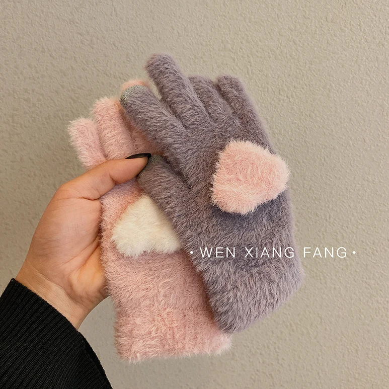 Women\'s Plush Warm Gloves Winter Women\'s Thickened Warm Cute Cycling Plush Gloves