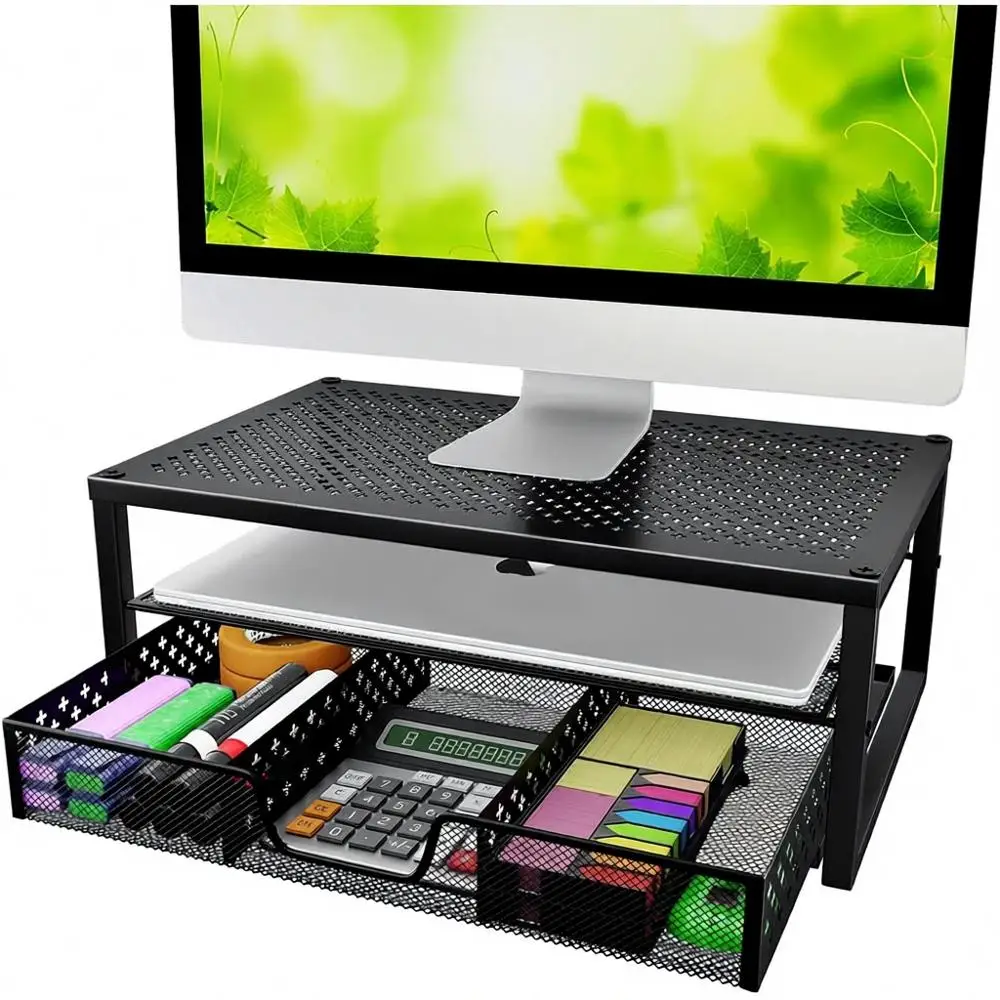 

Laptop and Monitor Stand Organizer, Black, Desk Riser for Computer Accessories
