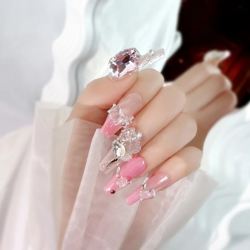 Purely handmade top-notch luxury sparkling diamond and flowery false nails with unique design 10PCS