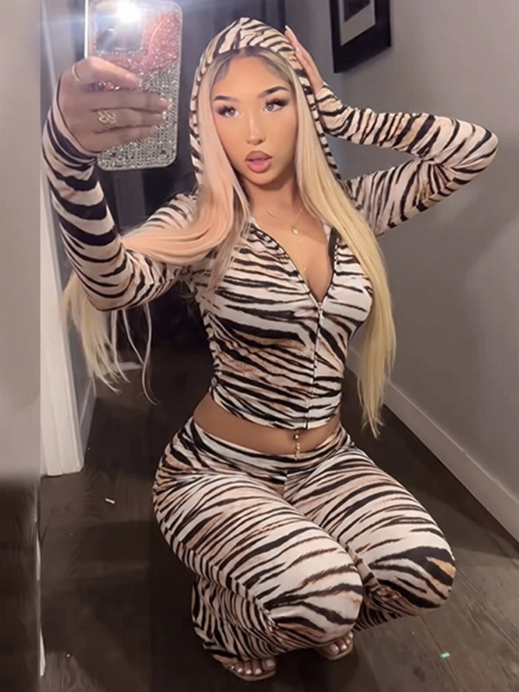 FDYOUI Casual Sexy Hooded Zip-up Zebra-stripe Printed Tops+Pants 2-piece Sets Female Leopard Cardigan Coat Trousers Tracksuit