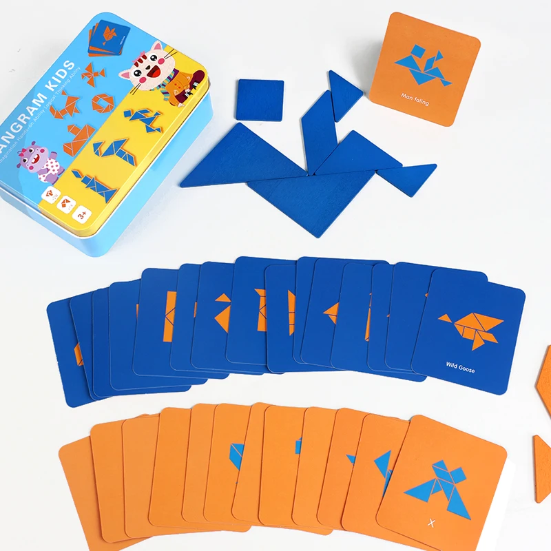 Wood Tangram Jigsaw Puzzle w/ Control Cards Creative Game for Children Early Educational Learning Toys Hand-eye Coordination