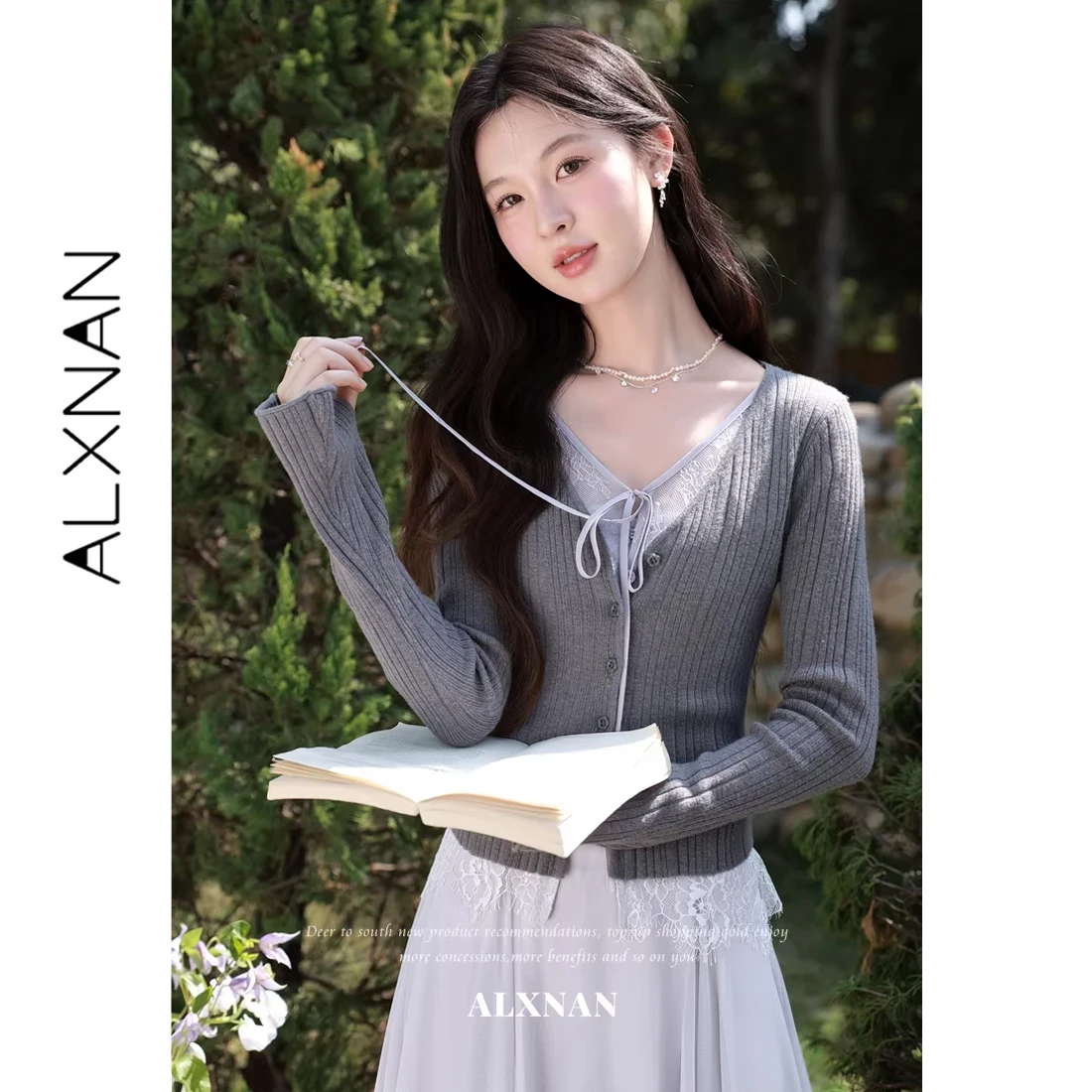 

ALXNAN Gray Knit Cardigan Elegant Lace Splicing Slim Fit Short Knitwears 2026 Summer New Casual Long Sleeve Tops Female L62715