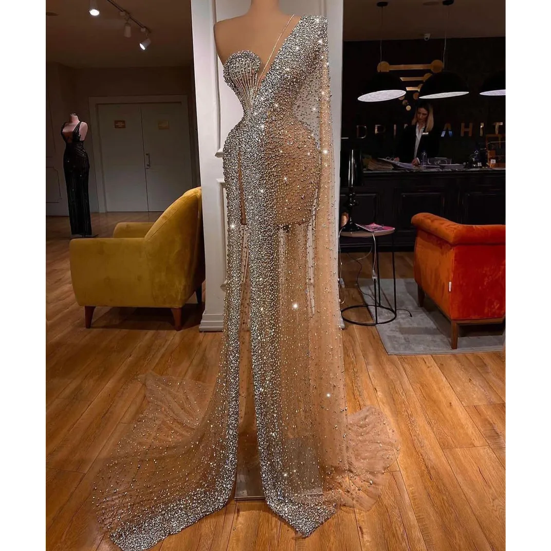 Sexy Evening Dresses V Neck One Long Sleeve Sequins Beaded Shiny 3D Lace Diamonds Appliques Side Slit Prom Dresses Custom Made