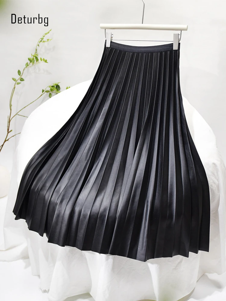 Women's Elegant Pleated Faux Leather School Skirt Korean Fashion Elastic High Waist Black PU Midi Long Skirts 2024 Winter K205