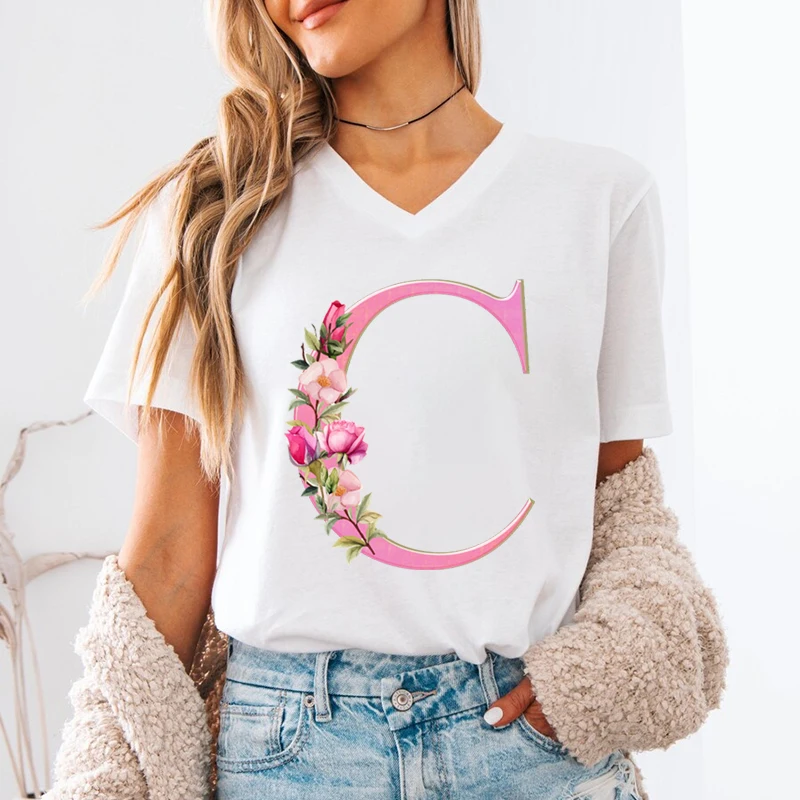 Floral Initials Women's V-Neck T-Shirt A-Z 26 Alphabet Fashion Casual Tops Pink Flower Short Sleeve Tee Letter S Floral Gift Top