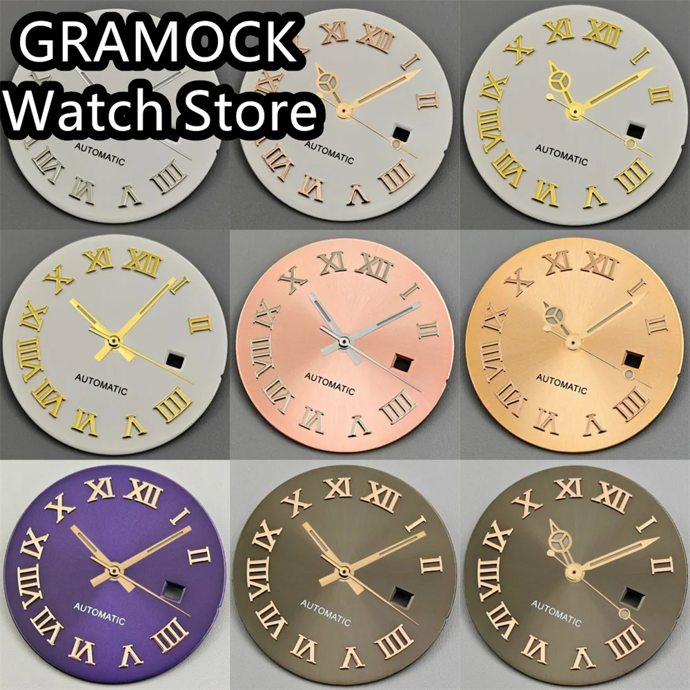 

Циферблат часов GRAMOCK 24,5 мм с ручным набором, белый, коричневый, фиолетовый, розовый, розовое золото, циферблат, римский индекс, подходит для механизма NH05, женский циферблат