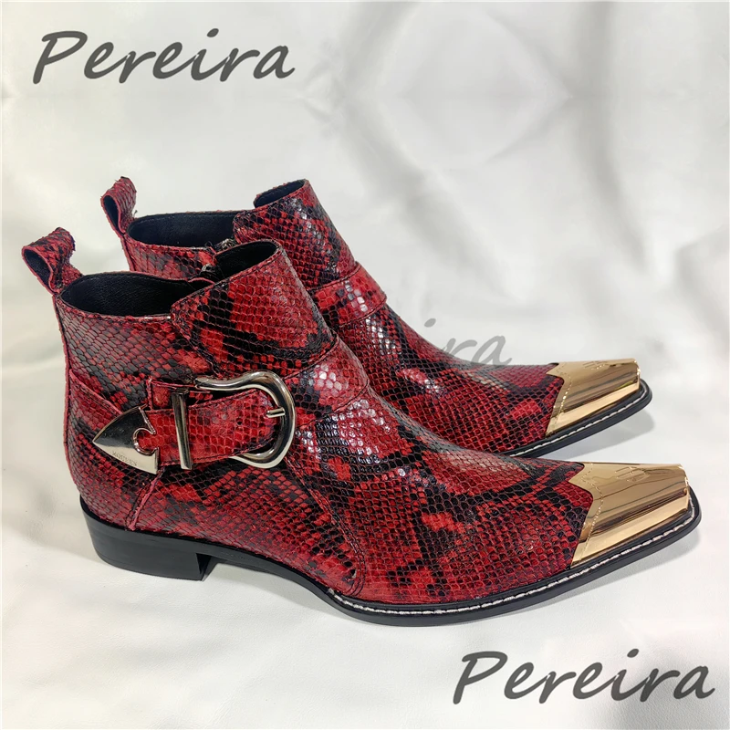 Red Snake Patterned Leather Short Boots Fashion Metal Belt Buckle Iron Pointed Toe Zipper Ankle Boots Party Banquet Dress Shoes