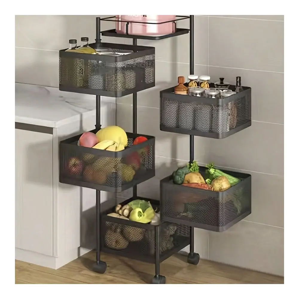 

Kitchen Storage Shelf 5 Tier, Metal Fruit Vegetable Storage Basket MultiLayer Vegetable Rack Storage Trolley On Wheels, FloorSt