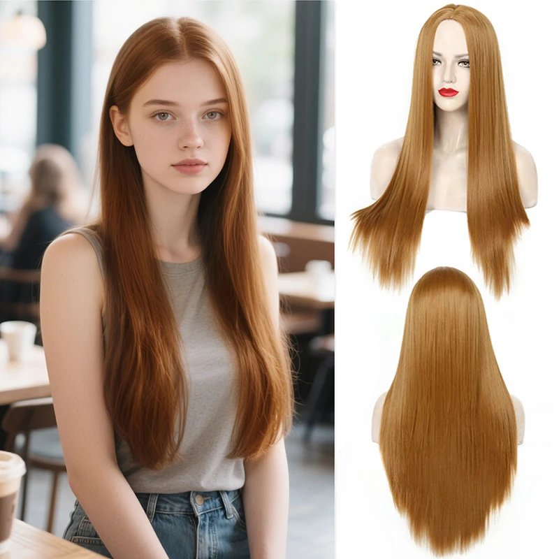 Peluca sintética rubia dorada clara de pelo largo y liso a la venta de liquidación, para que las señoras se usen en reuniones diarias, resistencia al calor