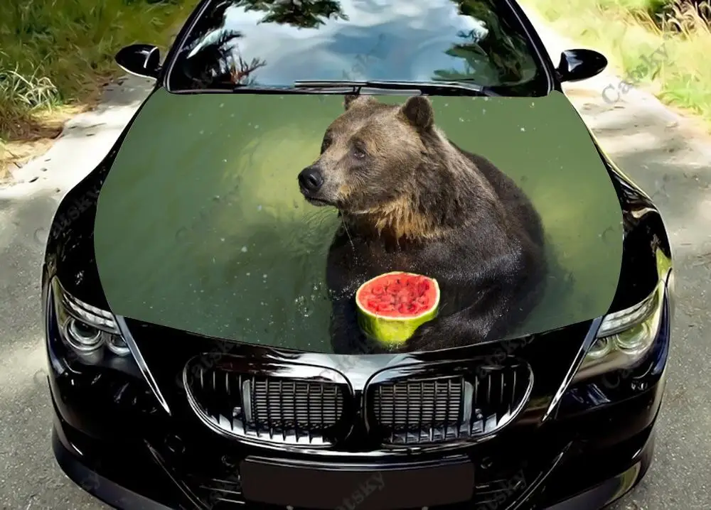 Bear Holding A Watermelon Car Hood Vinyl Sticker Wrap Film Engine Cover Decal Protect Sticker Car Accessories Decoration Gift