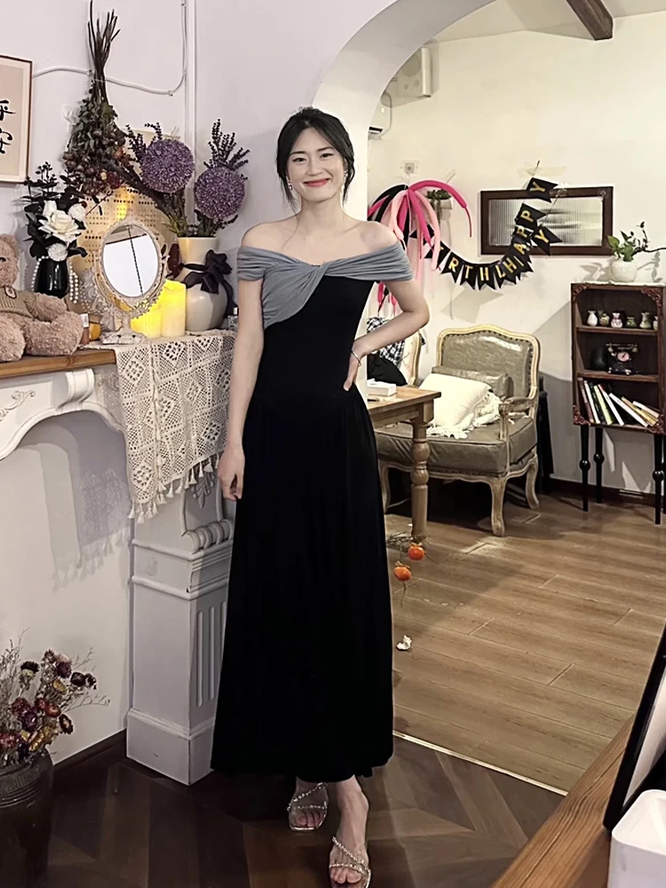 

XZY Women's plus Size Faionable Color Blo oulder Dr Two Wearable Ways Slimming Long Skirt Korean Sle A-Line