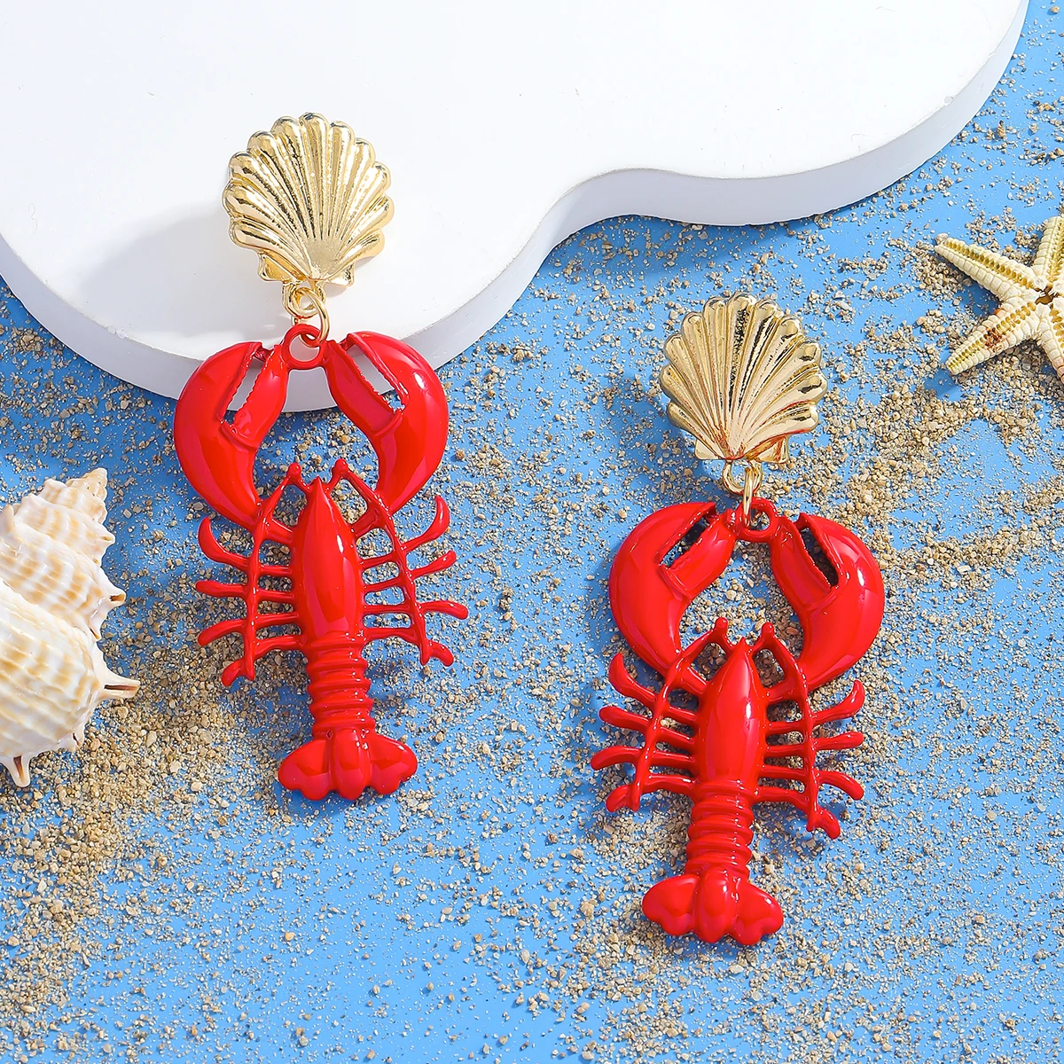 

2025 New 2pcs Fashion Red Bake Paint Lobster Earrings Metal Shell Earrings For Women Exaggerated Trend Jewelry Accessories
