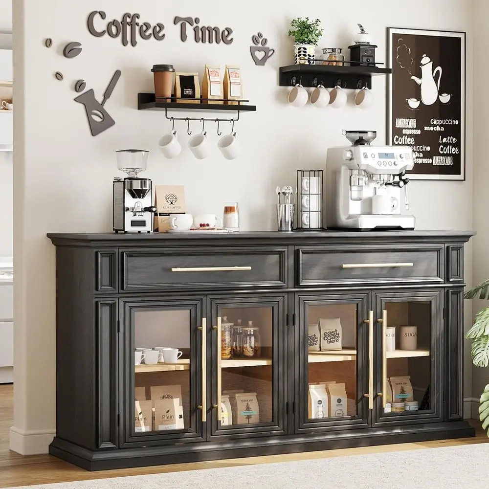 

63 Black Kitchen Sideboard with Adjustable Shelves, Magnetic Catch, and Wine Storage for Dining or Living Room