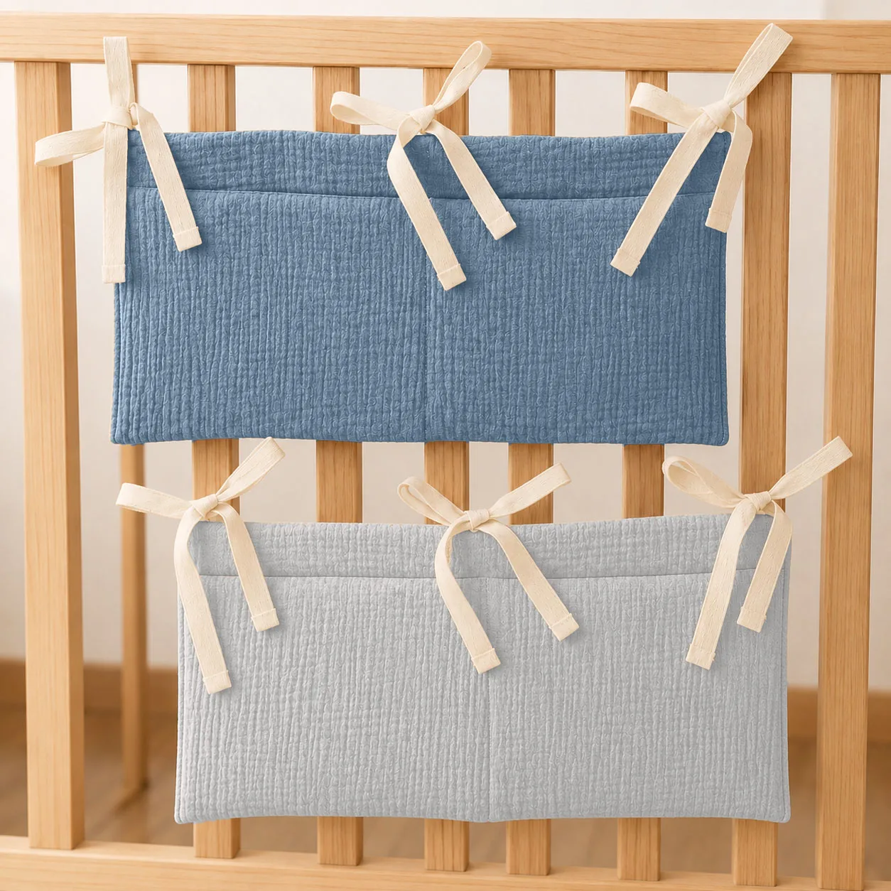 2PCS Adjustable Baby Bed Hanging Storage Bag Double Compartment for Diapers Bottles Teethers Toys Essential Nursery Organizer