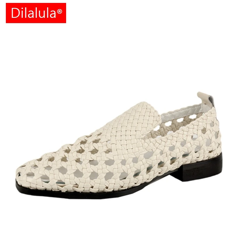 Dilalula 2025 Comfortable Braided Sandals Women Low Thick Heels Slip On Casual Hollow Breathable Sandals Female Walk Shoes