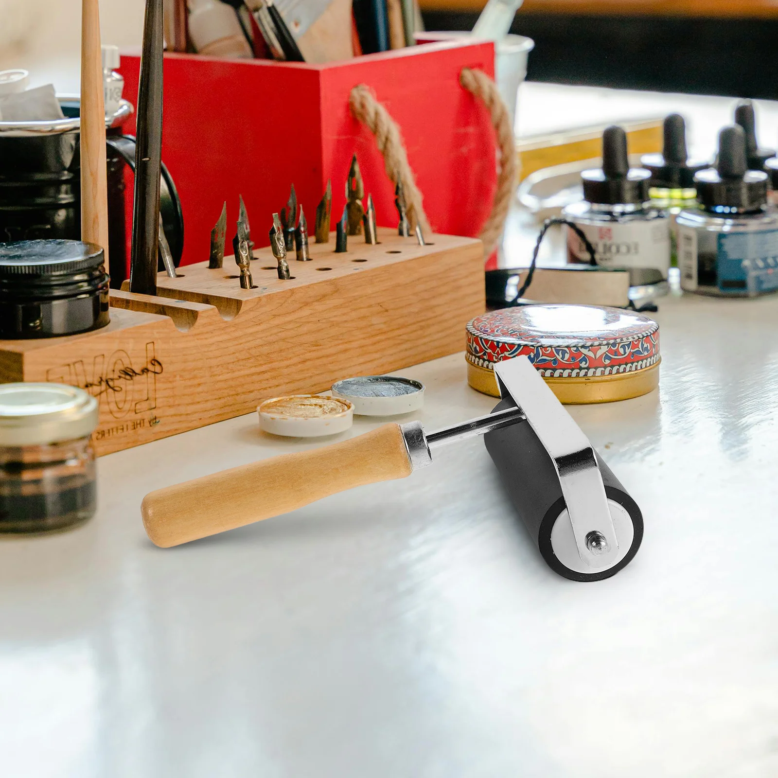 أسطوانة حبر الطباعة DIY مع مقبض خشبي عالي لأداة توزيع الطلاء الفنية للحرف اليدوية للختم #1