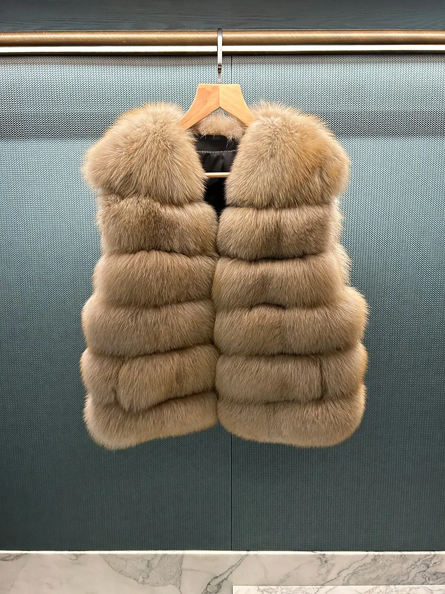 Gilet in pelliccia di volpe, giacca in pelliccia sintetica, sfumatura bicolore da donna