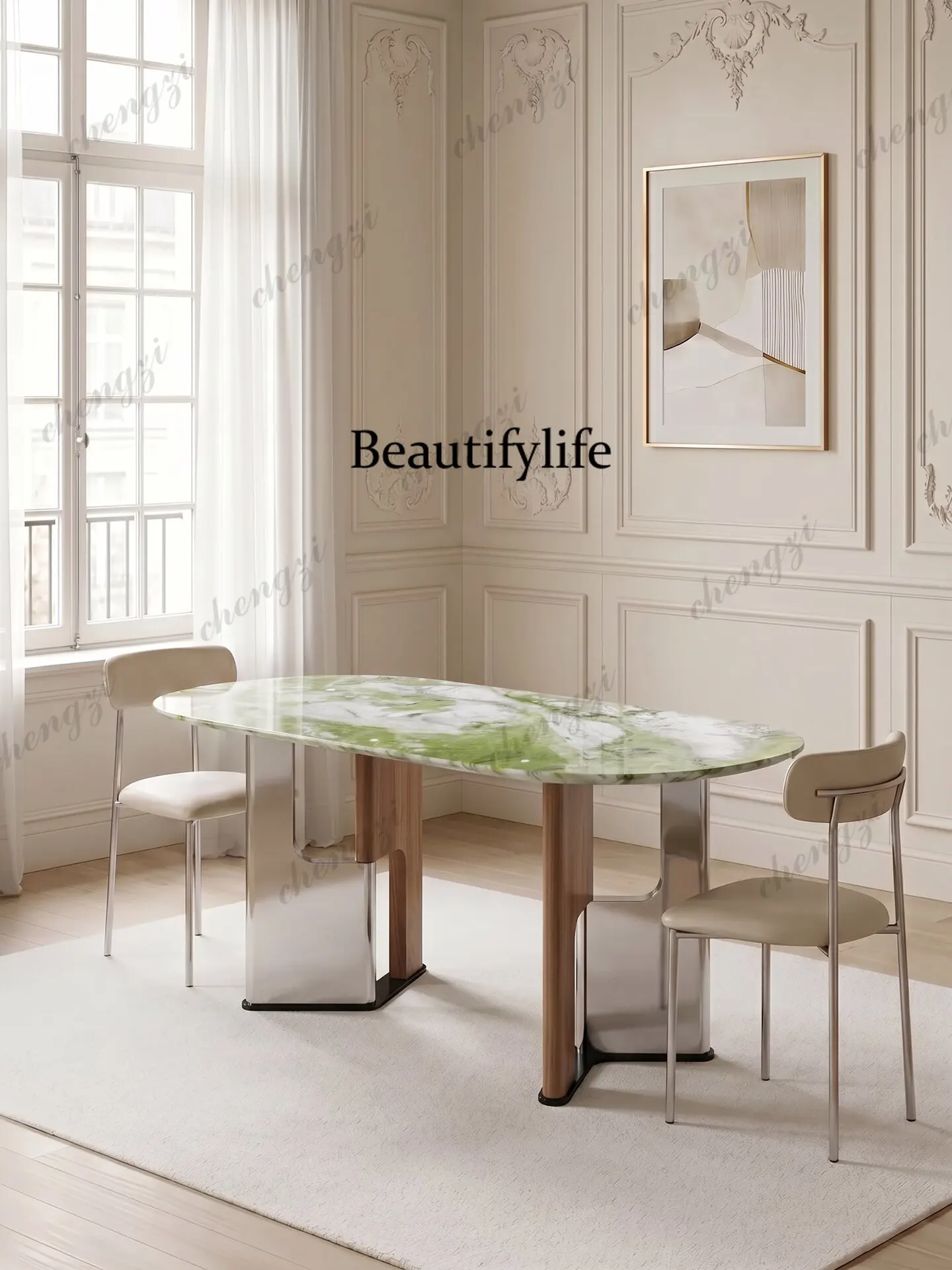 Green Luxury Stone Dining Table French Medieval Household Long Table Minimalist Glacier Green Natural Marble Dining Table