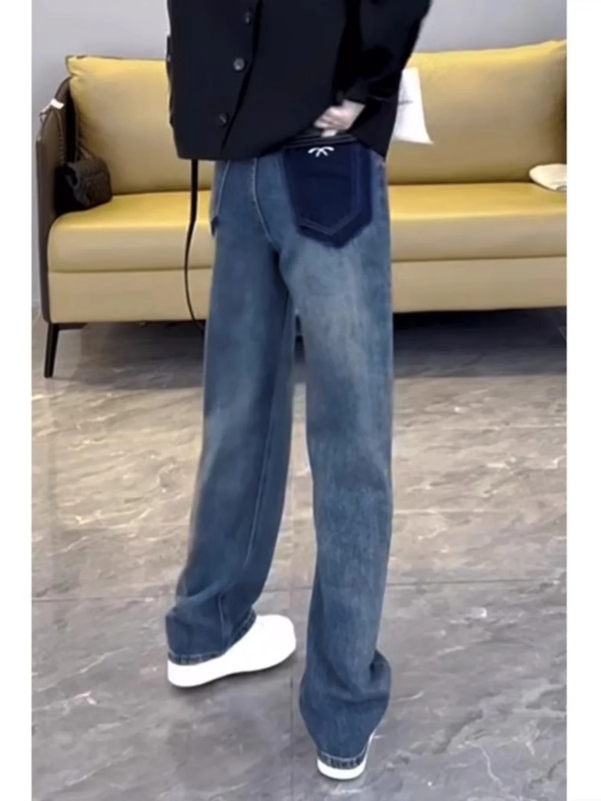 

Retro Slim Straight Wide Leg Jeans Women's plus Size High Waist Slimming Elastic Denim Spring Early Small Size High Waist