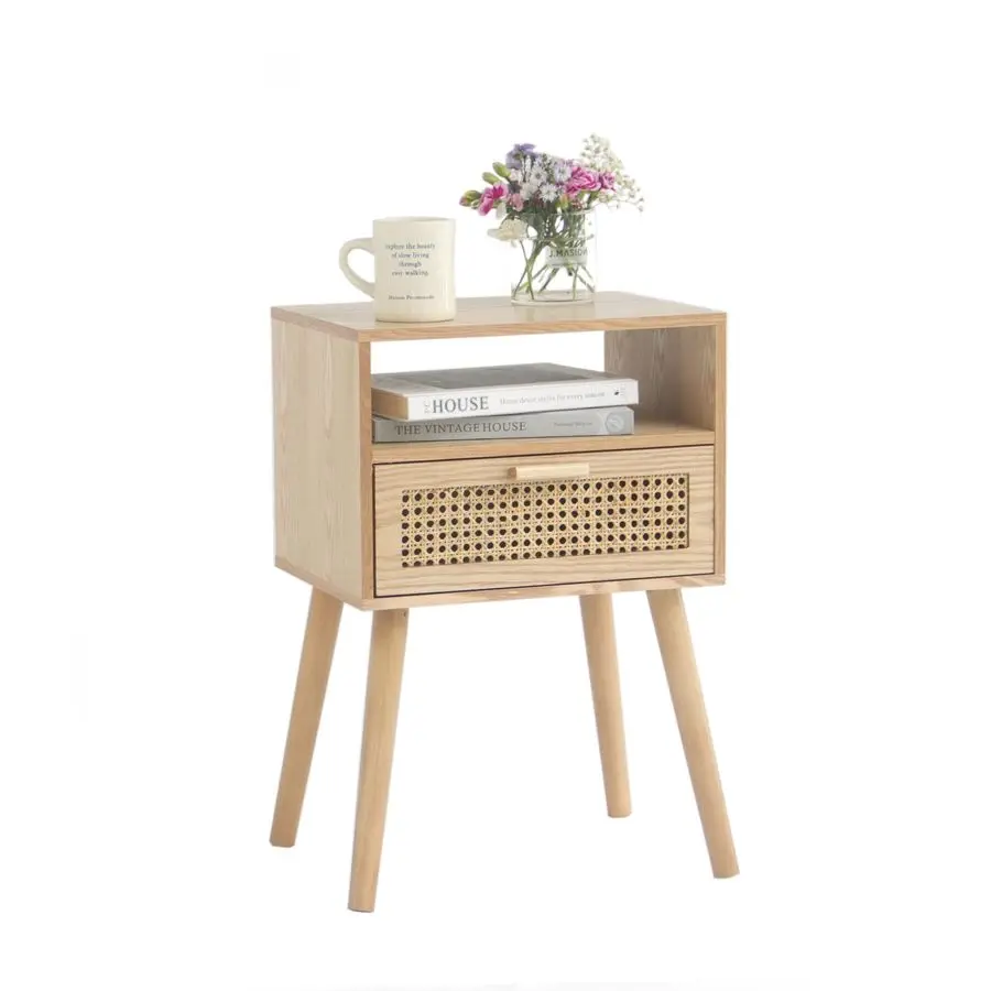 

Modern Nightstand Rattan Side End Table with Storage, for Living Room, Bedroom and Small Spaces, Accent Bedside Farmhouse Table