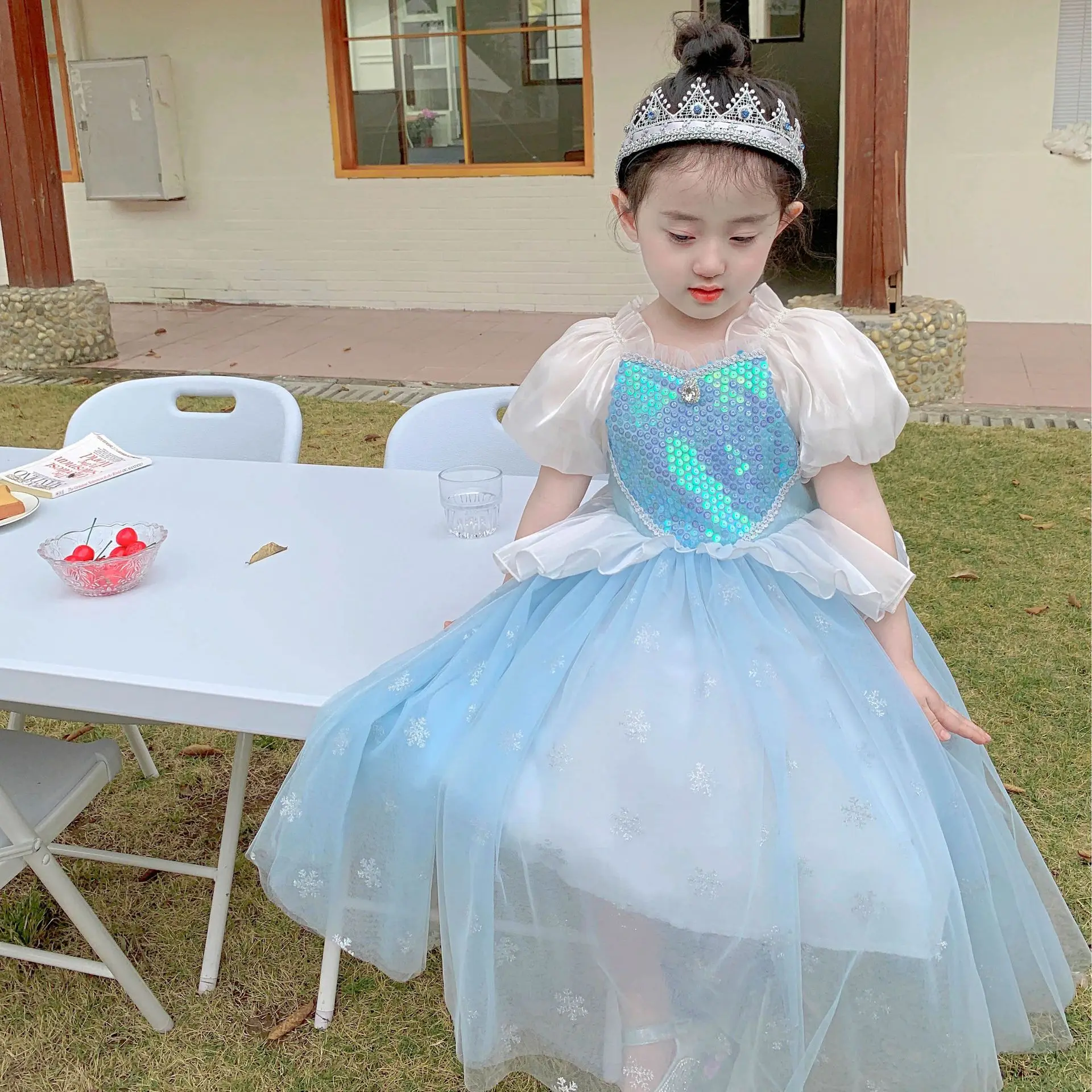 Frocks for Kids New in 2023 Sky Blue Elsa Summer Chiffon One-piece Long Clothing Girls Flower Bridesmaid Birthday Party Dresses