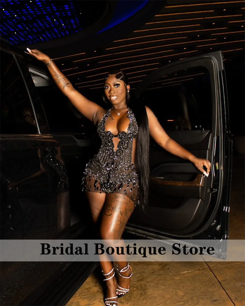 Sexy Black Short Prom Dress For Black Girls Cocktail Dress Bead Diamonds Crystals Halter Birthday Dress Customized