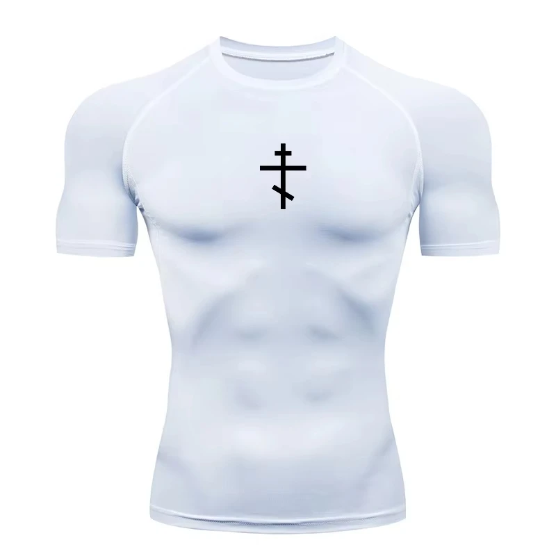 Cross Print Compression Shirt for Men Christian Athletic Tshirt Tees Tops Gym Workout Fitness Running Baselayers Undershirts